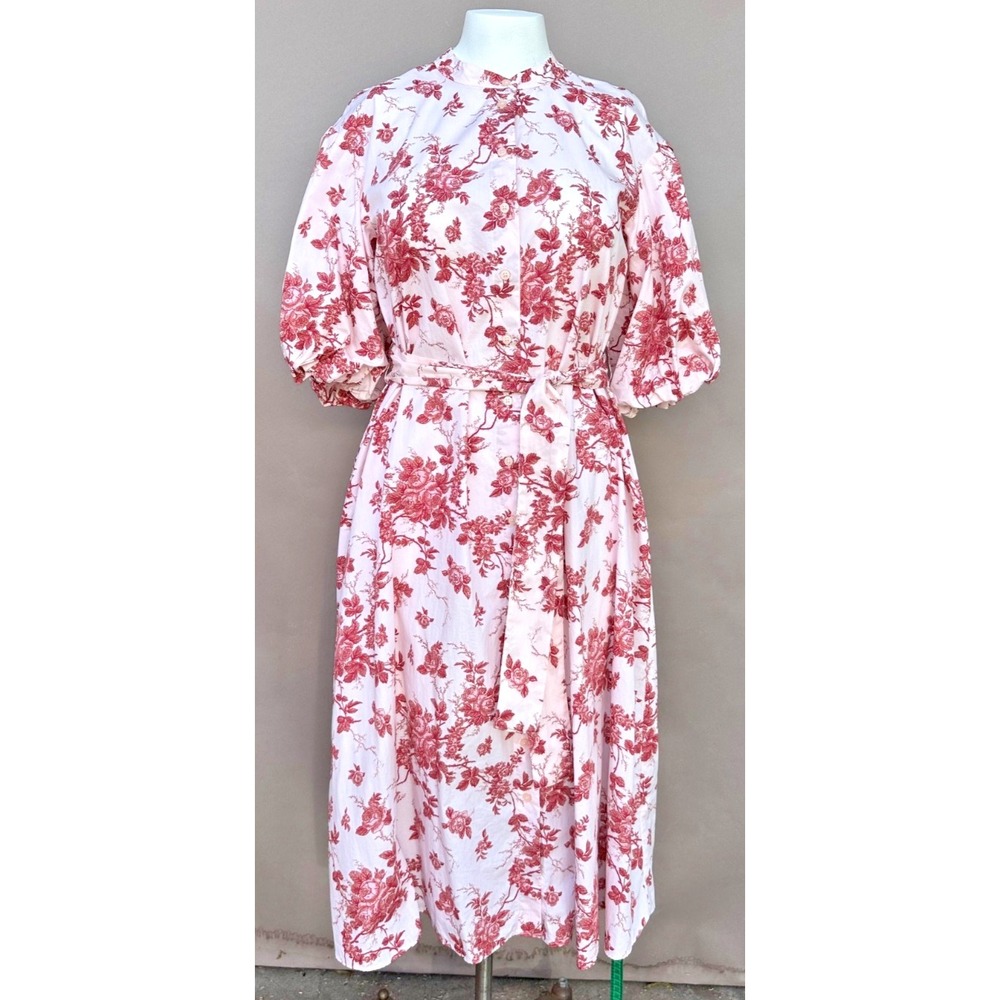 Banana Republic Toile Puff Sleeve Floral Midi Dress S Red Pink Cotton Modest